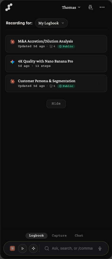 Ascend browser extension sidepanel showing live capture of prompts and responses
