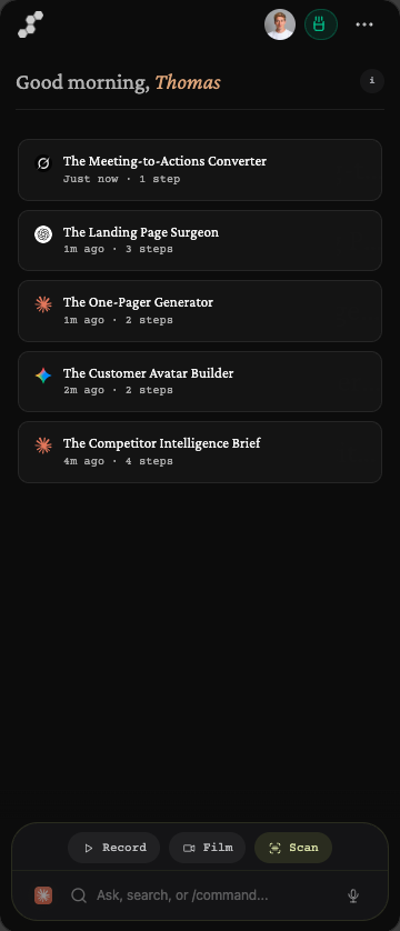 Ascend browser extension sidepanel showing logbook, capture, and chat